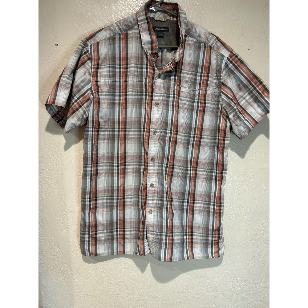 Eddie Bauer Mens Large Orange Grey Plaid Short Sleeve Button Down Hiking Shirt‎